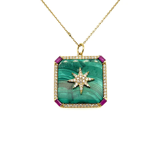 Yellow Gold Malakite Ruby Square Pendant With Diamonds