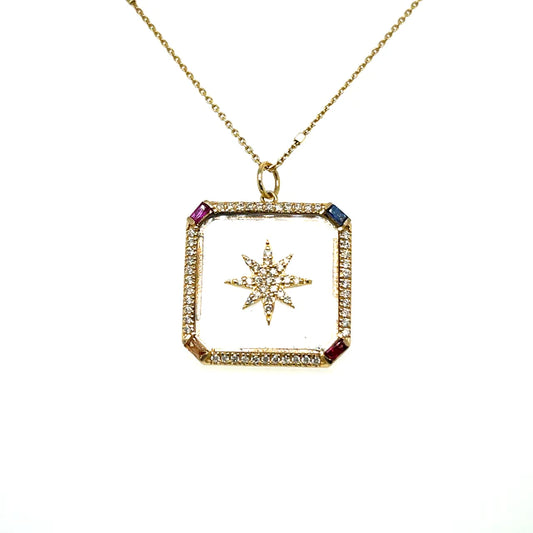 Yellow Gold Clear Quartz Multicolor Sapphire Square Pendant With Diamonds