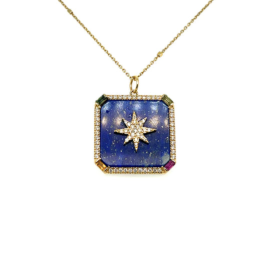 Yellow Gold Lapis Multicolor Sapphire Square Pendant With Diamonds