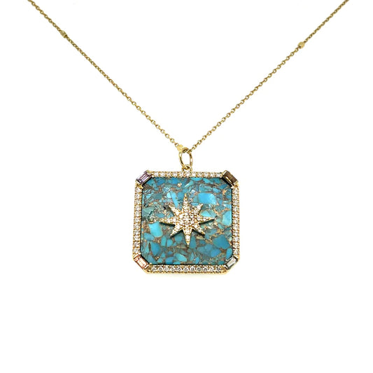 Yellow Gold Turquoise Multicolor Sapphire Square Pendant With Diamonds