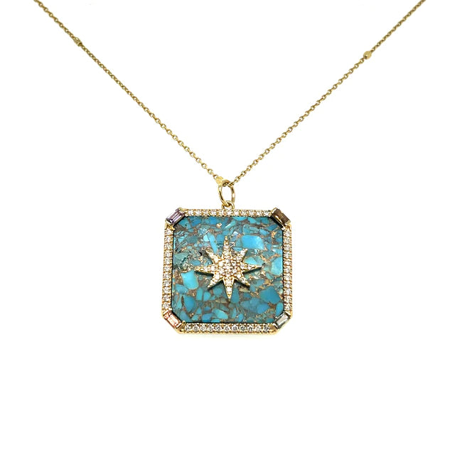 Yellow Gold Turquoise Multicolor Sapphire Square Pendant With Diamonds