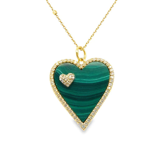 14kt Yellow Gold Malachite Heart Pendant With Diamonds