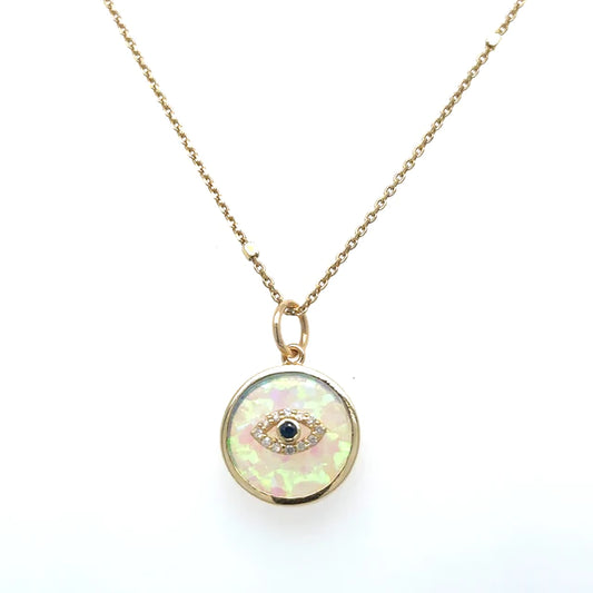 14kt Yellow Gold Round Opal Evil Eye Pendant With Diamonds