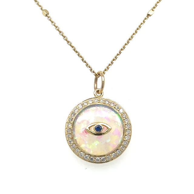 14kt Yellow Gold Round Opal Evil Eye Pendant With Diamonds