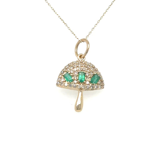 Yellow Gold Mushroom Pendant With Emerald and Diamonds