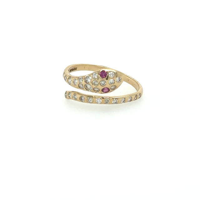 Yellow Gold Snake Ring With Ruby and Diamonds