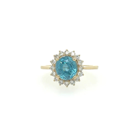 Yellow Gold Blue Zircon Ring With Diamonds