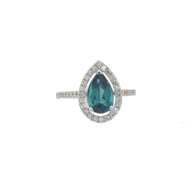 14kt White Gold  Pear Shape Tourmaline Ring With Diamonds