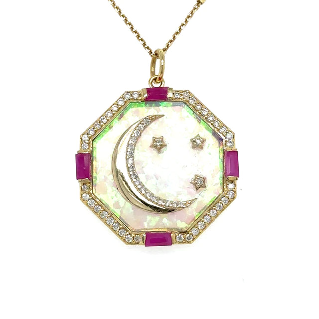Yellow Gold Star Moon Opal Pendant With Diamonds