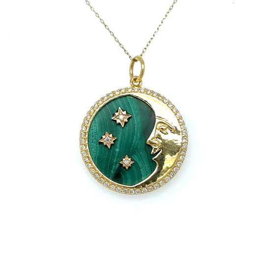 Yellow Gold Star Moon Malachite Pendant With Diamonds