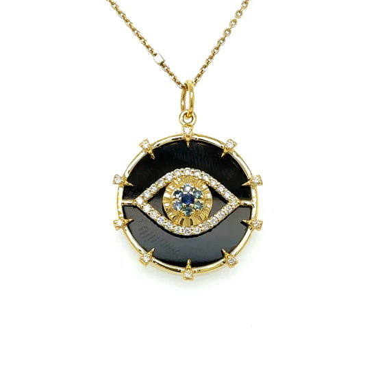 Yellow Gold Black Onyx Evil Eye Pendent With Blue Sapphire and Diamonds