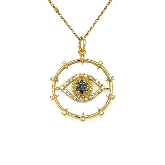 Yellow Gold Clear Quartz Evil Eye Pendent With Blue Sapphire and Diamonds