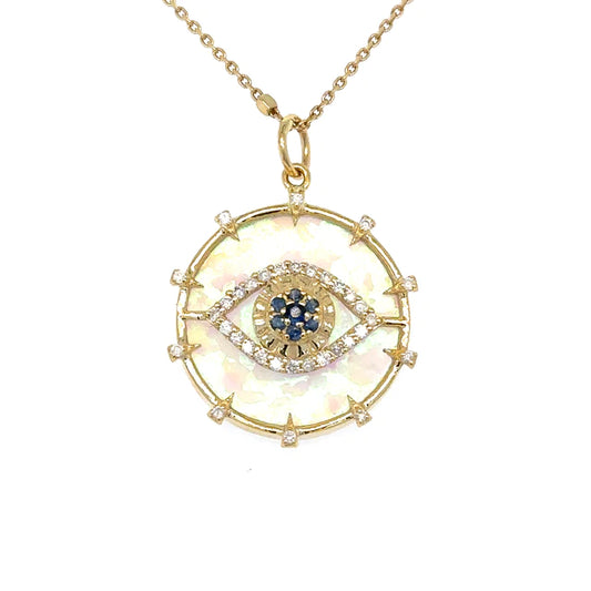 Yellow Gold Opal Evil Eye Pendent With Blue Sapphire and Diamonds