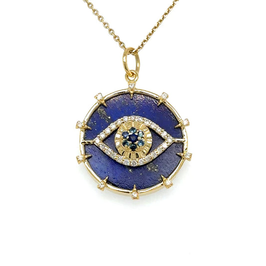 Yellow Gold Lapis Evil Eye Pendent With Blue Sapphire and Diamonds