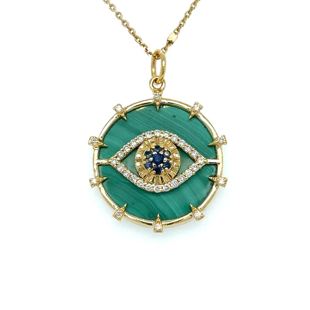 Yellow Gold Malachite Evil Eye Pendent With Blue Sapphire and Diamonds