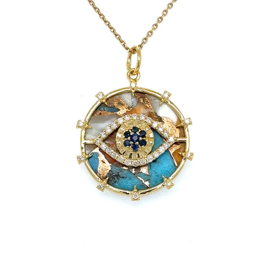 Yellow Gold Oyster Evil Eye Pendent With Blue Sapphire and Diamonds