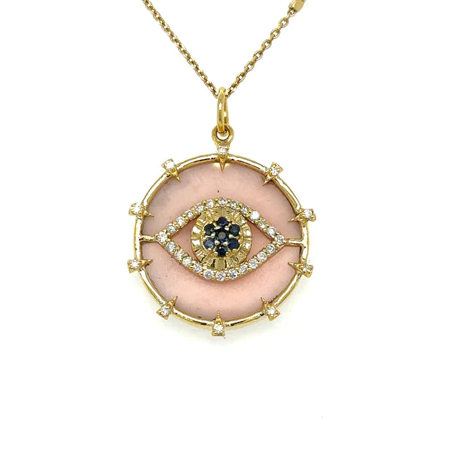 Yellow Gold Pink Opal Evil Eye Pendent With Blue Sapphire and Diamonds