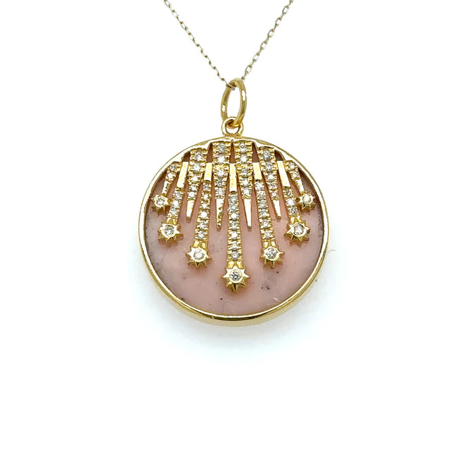 Yellow Gold Pink Opal Star Pendent With Diamonds