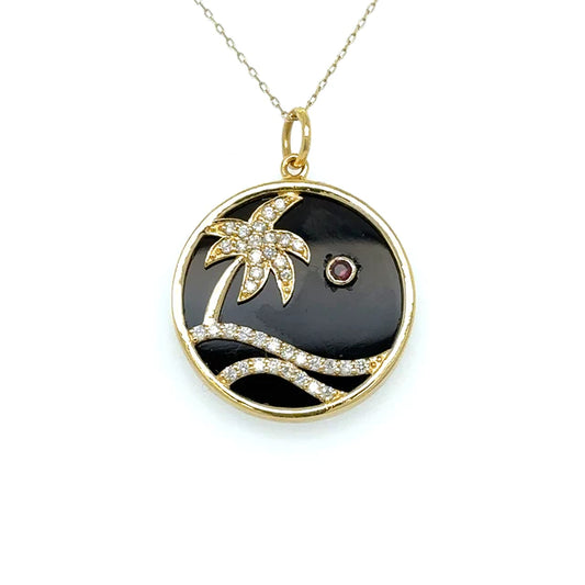 Yellow Gold Black Onyx Palm Tree Pendent With Diamonds