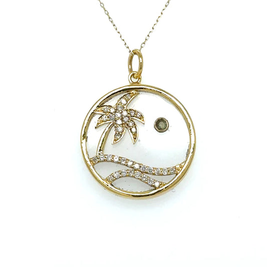 Yellow Gold Clear Quartz Palm Tree Pendent With Diamonds