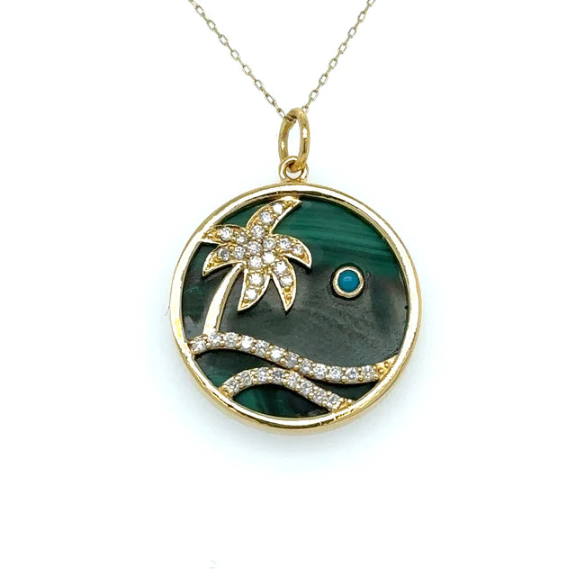 Yellow Gold Malachite Palm Tree Pendent With Diamonds