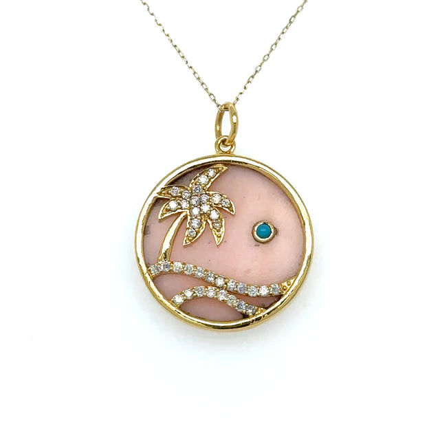 Yellow Gold Pink Opal Palm Tree Pendent With Diamonds