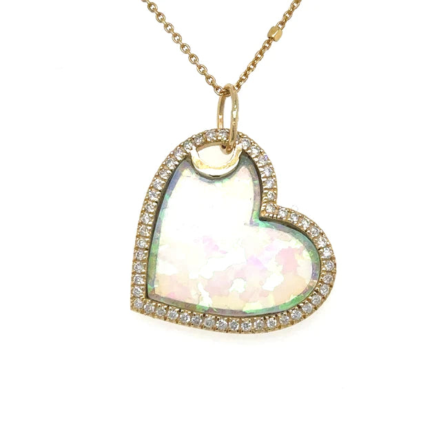 Yellow Gold Opal Heart Pendent With Diamonds