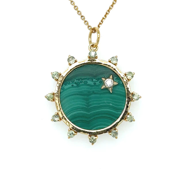 Yellow Gold Malachite Pendant With Diamond