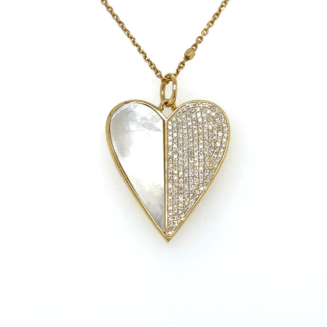 Yellow Gold Mother of Pearl Heart Pendent With Diamonds