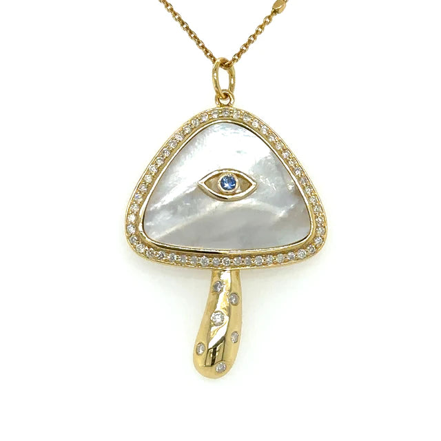 Yellow Gold Mother of Pearl Mushroom Pendent With Diamonds