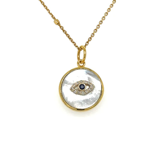 Yellow Gold Mother of Pearl Evil Eye Pendent With Diamonds