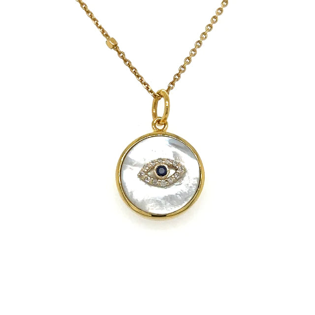 Yellow Gold Mother of Pearl Evil Eye Pendent With Diamonds
