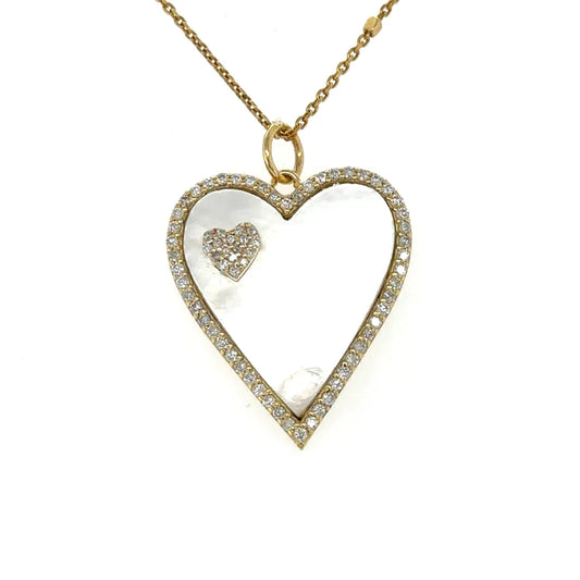 Yellow Gold Mother of Pearl Heart Pendent With Diamonds