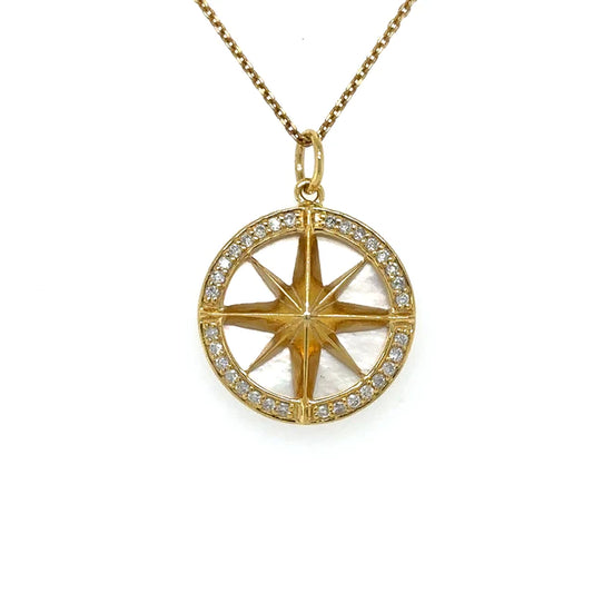 Yellow Gold Mother of Pearl Compass Pendent With Diamonds