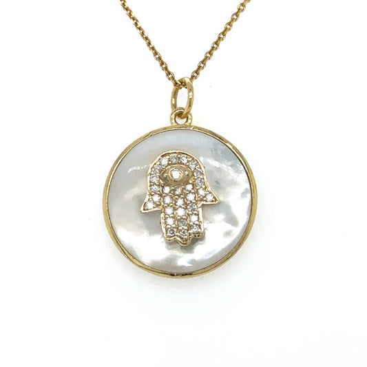 Yellow Gold Mother of Pearl Hamsa Pendent With Diamonds