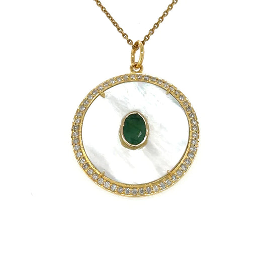 Yellow Gold Mother of Pearl Pendent With Emerald and Diamonds