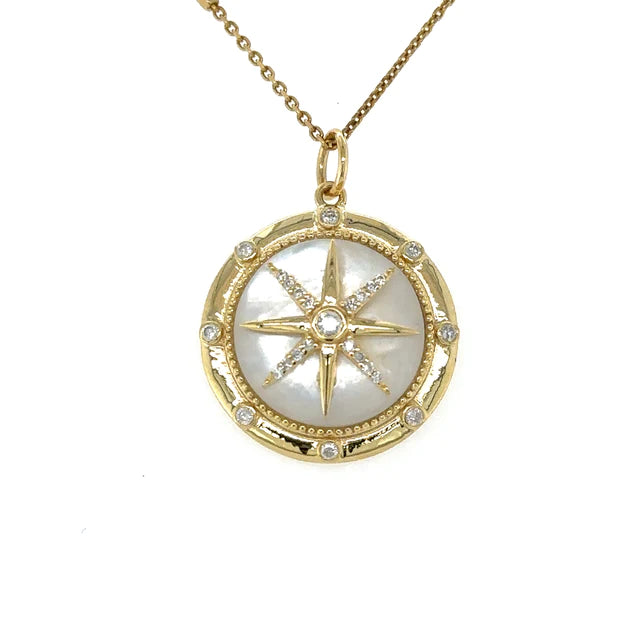 Yellow Gold Mother of Pearl Compass Pendent With Diamonds