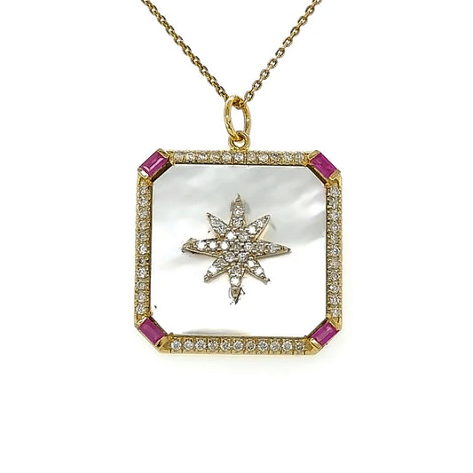 Yellow Gold Mother of Pearl Pendent With Ruby and Diamonds