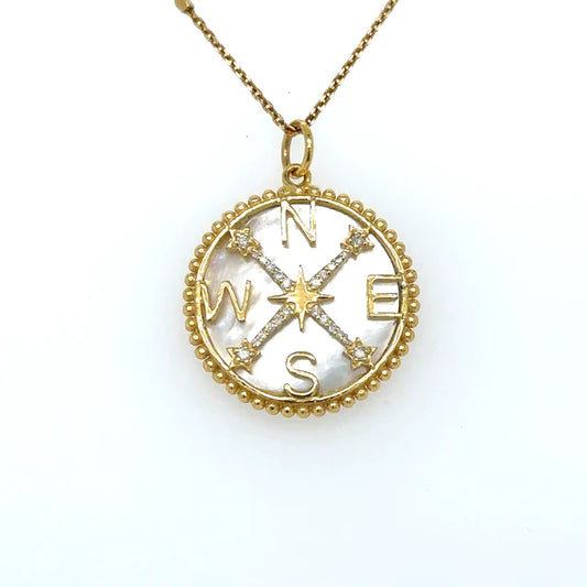 Yellow Gold Mother of Pearl Compass Pendent With Diamonds