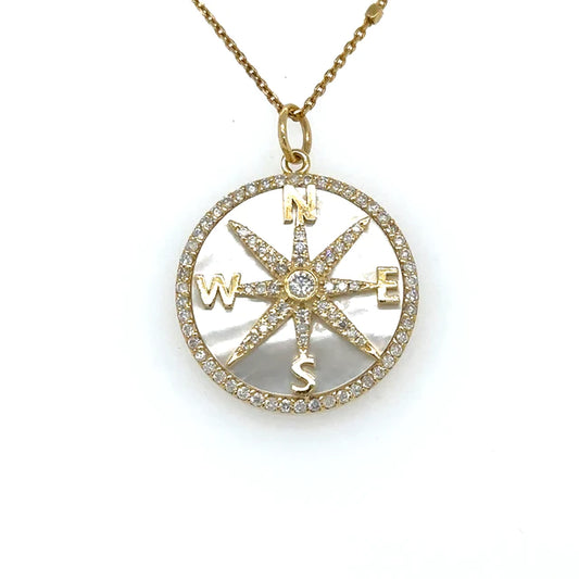 Yellow Gold Mother of Pearl Compass Pendent With Diamonds