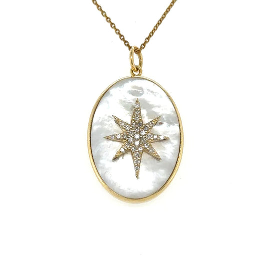 Yellow Gold Mother of Pearl Oval Pendent With Diamonds