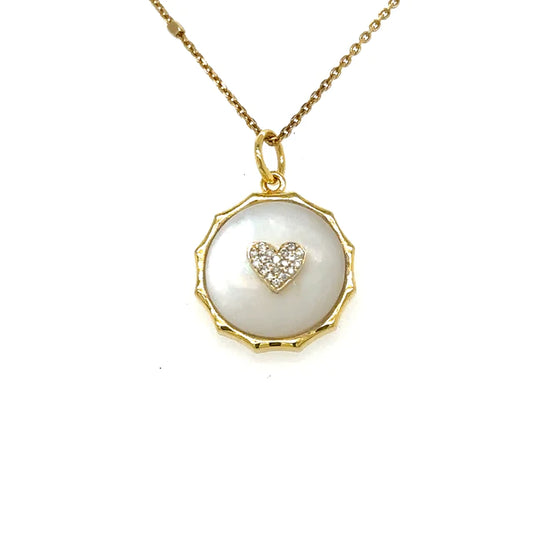 Yellow Gold Mother of Pearl Heart Pendent With Diamonds