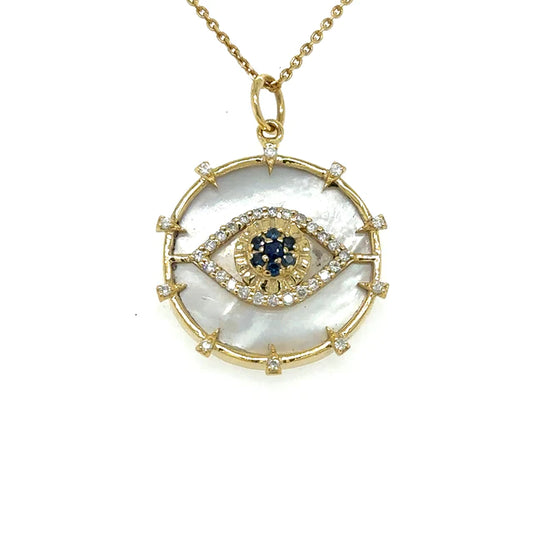 Yellow Gold Mother of Pearl Evil Eye Pendent With Sapphire and Diamonds