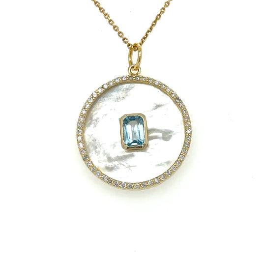 Yellow Gold Mother of Pearl Pendent With Blue Topaz and Diamonds