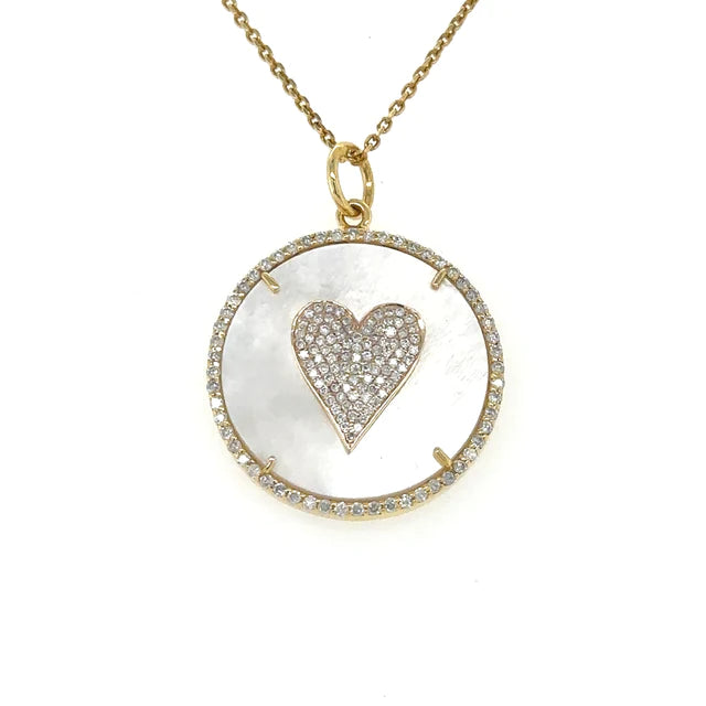 Yellow Gold Mother of Pearl Heart Pendent With Diamonds