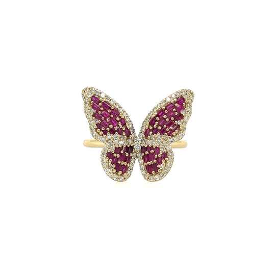 14kt Yellow Gold Butterfly Ring With Ruby and Diamonds