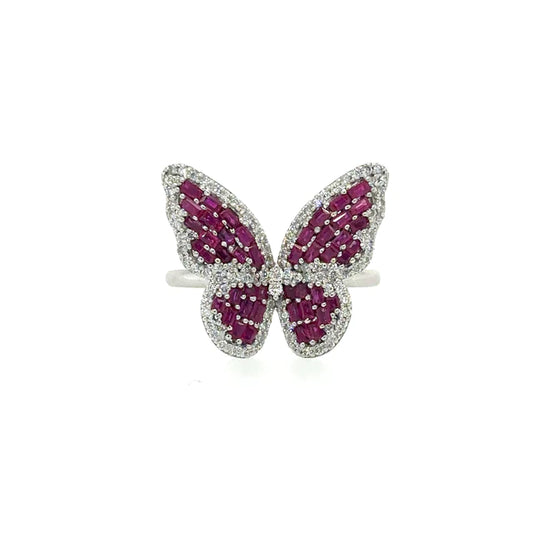 14kt White Gold Butterfly Ring With Ruby and Diamonds