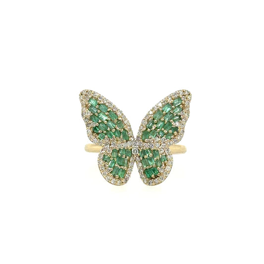 14kt Yellow Gold Butterfly Ring With Emerald and Diamonds