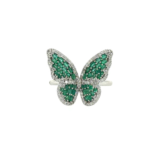 14kt White Gold Butterfly Ring With Emerald and Diamonds