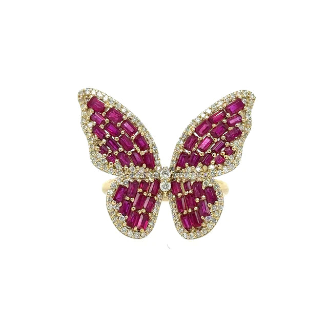 Yellow Gold Butterfly Ring With Ruby and Diamonds